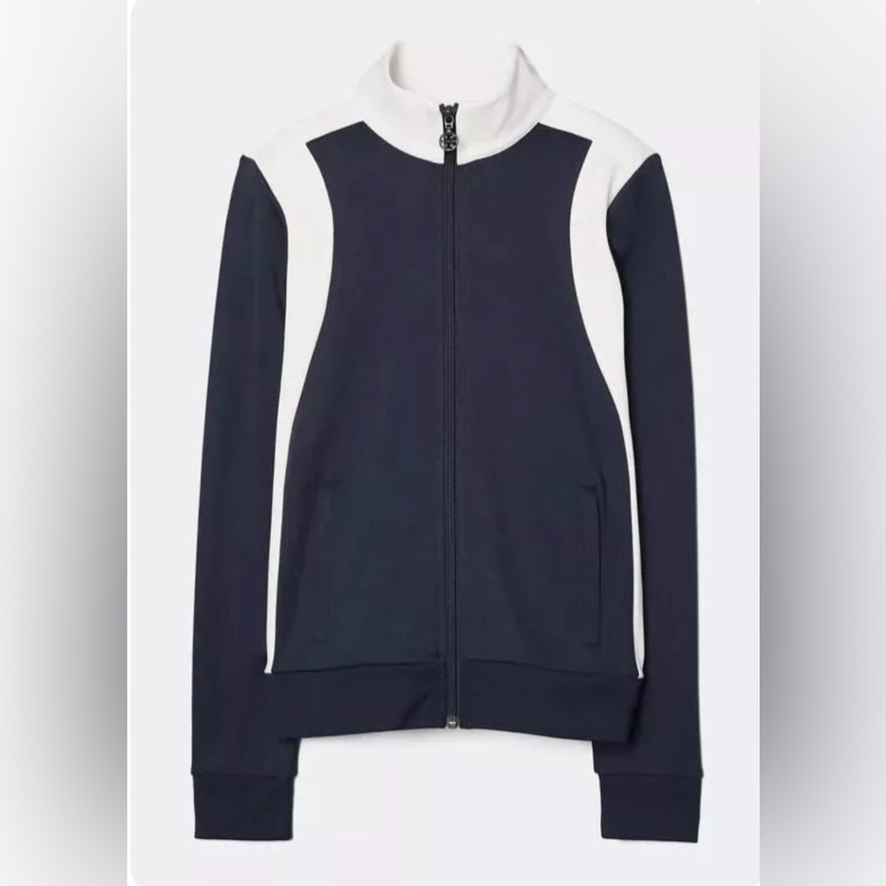 Tory Burch Sport colorblock track jacket in navy and white. Size Large